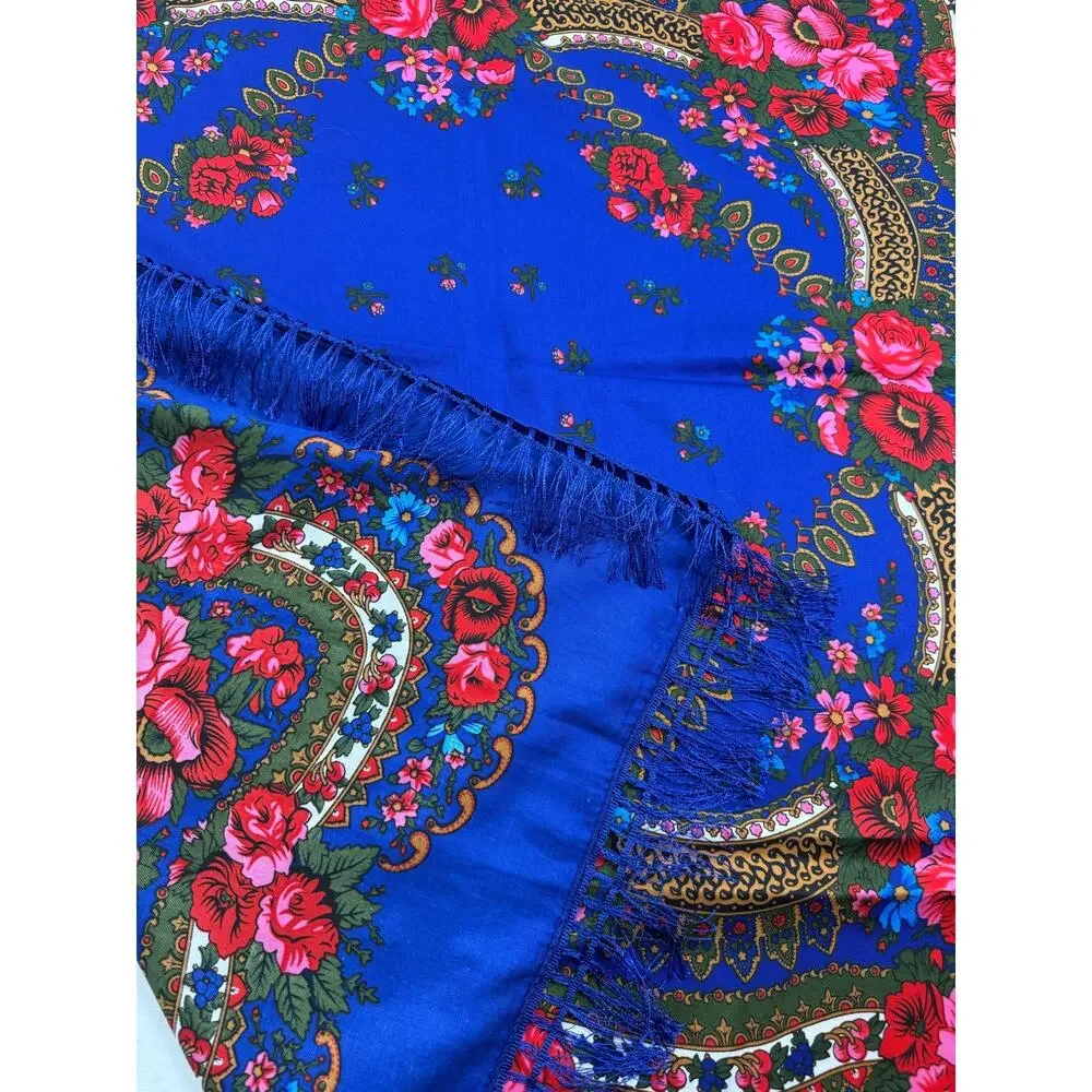 Blue Floral Fringe Tablecloth Tapestry Square 44 x 44